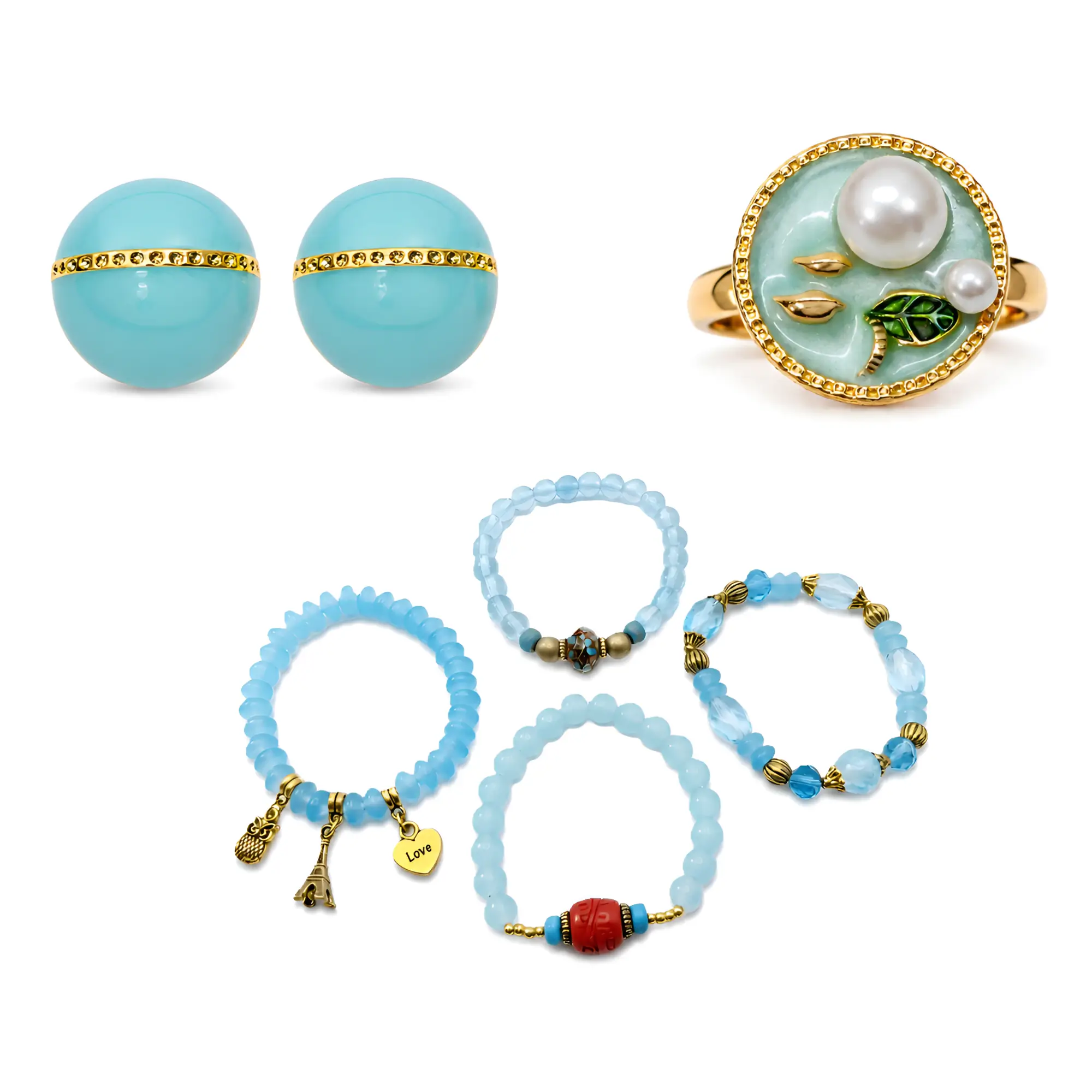 Aqua Blue Jewelry Combo Set for Women – Crystal Stud Earrings, Pearl Statement Ring & Beaded Bracelet Stack