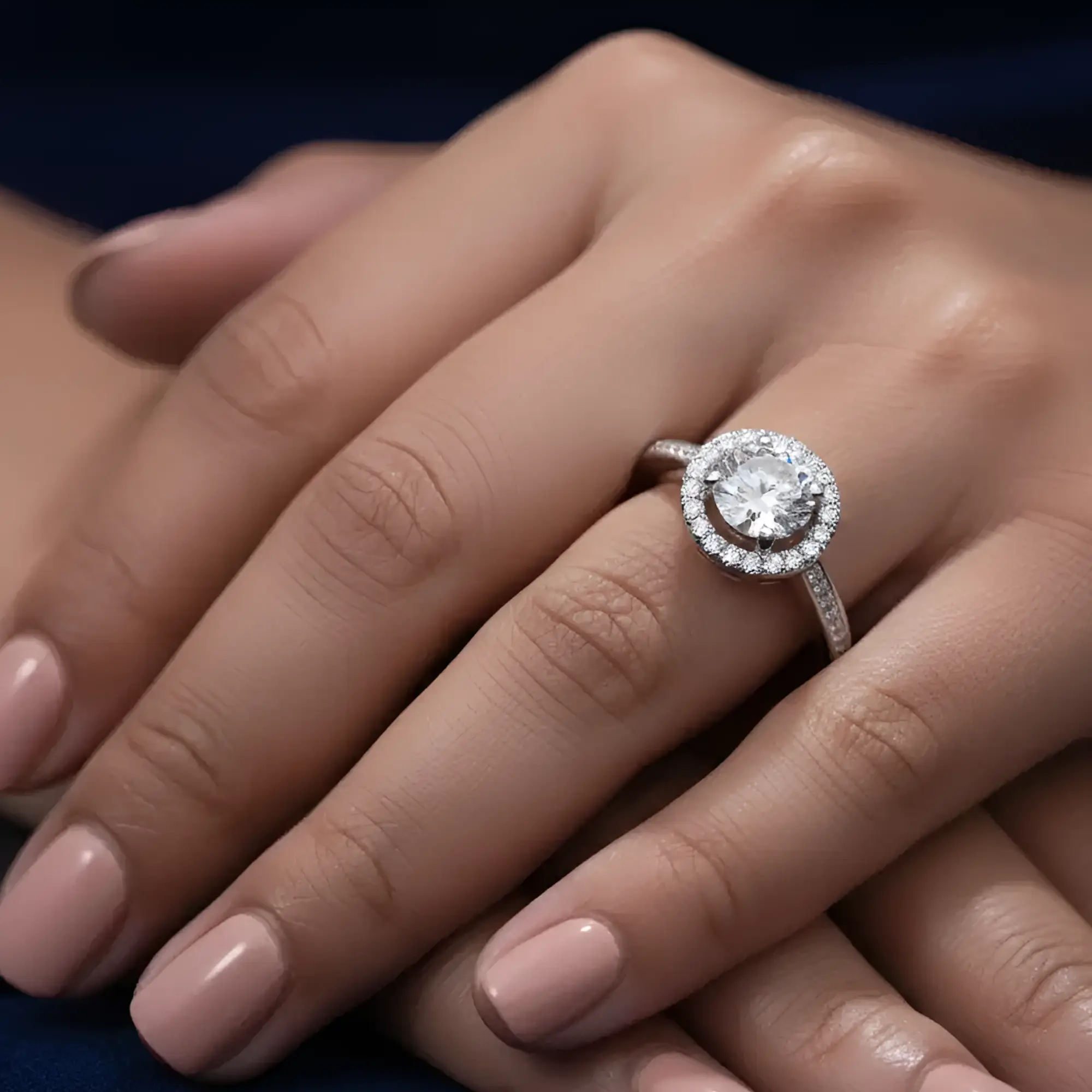 Elegant Silver Plated Solitaire Ring for Women Round Cut Crystal Stone Ring with Halo Design Party Wear Stylish Jewelry on model