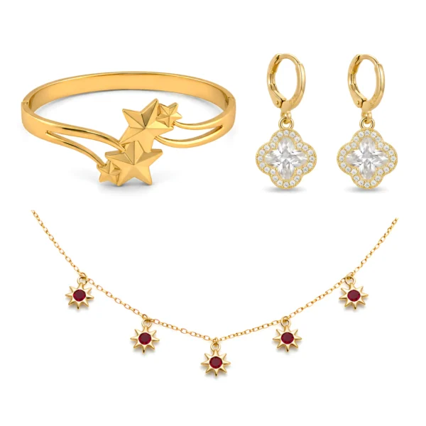 Gold Elegance Jewelry Combo Set for Women – Star Bracelet, Crystal Clover Earrings & Ruby Charm Necklace
