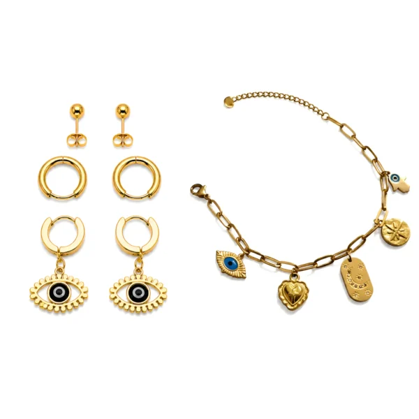 Gold Evil Eye Jewellery Bundle – Hamsa Hand Moon Heart Charm Bracelet & 6-Pair Stainless Steel Earring Set for Women