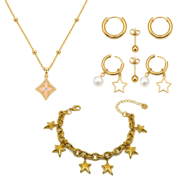 Gold Plated Jewelry Combo Set for Women – Pendant Necklace, Pearl Star Earrings & Charm Bracelet