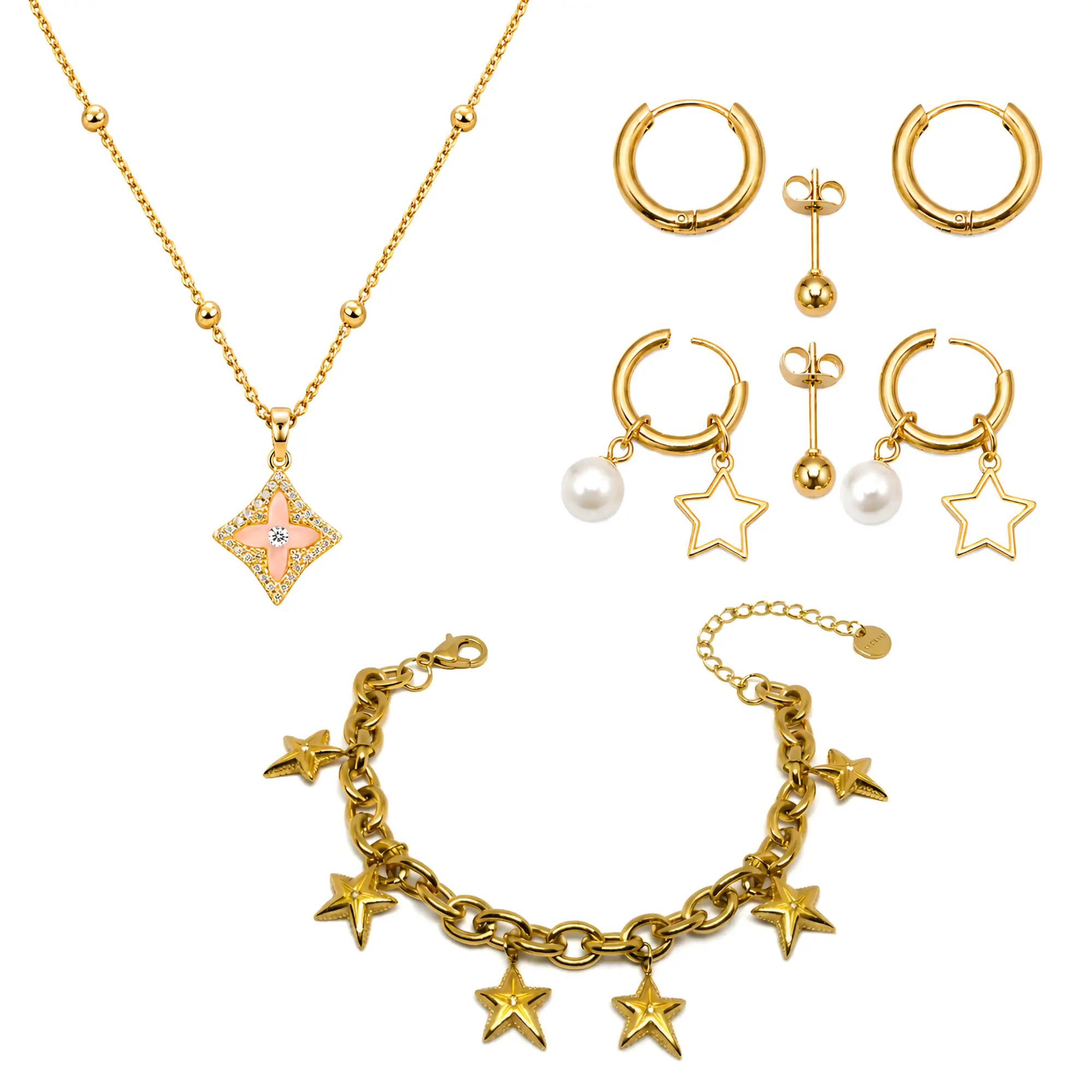 Gold Plated Jewelry Combo Set for Women – Pendant Necklace, Pearl Star Earrings & Charm Bracelet