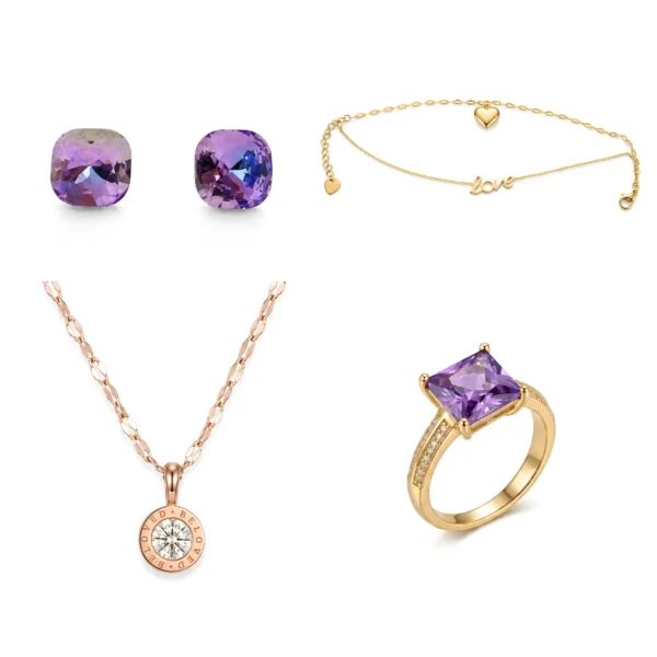 Gold Plated Love Charm Anklet Jewellery Set - 4 Piece Purple Amethyst Ring & Earrings, Rose Gold Necklace & Heart Moon Bracelet Combo on white bg