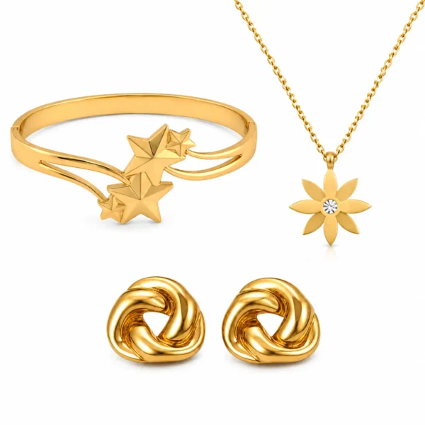 Gold Star Daisy Jewellery Set for Women - 3-Piece Flower Pendant Necklace, Adjustable Star Ring & Knot Stud Earrings Gift