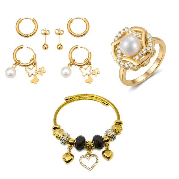 Heart & Butterfly Jewellery Gift Set – Blue Crystal Charm Bracelet, Moonstone Opal Rings & 6-Pair Gold Huggie Hoop Earrings with Charms