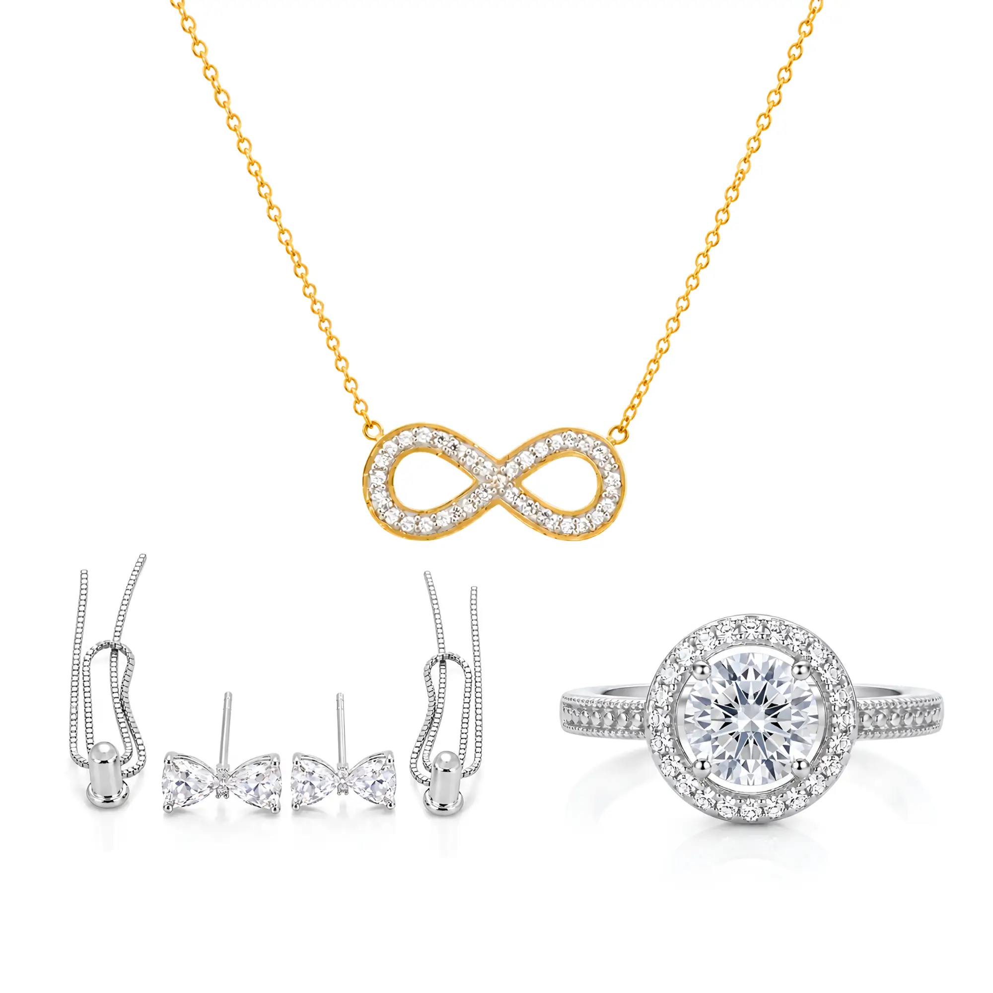 Infinity & Bow Jewellery Set – 3 Piece Gold Crystal Infinity Pendant Necklace, Silver Crystal Bow Studs & Solitaire Halo Ring Combo