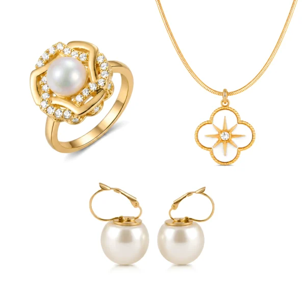 Opal Pearl Jewellery Set – 3 Piece Gold Vintage Style Floral Necklace, Drop Earrings & Crystal Ring Combo for Women