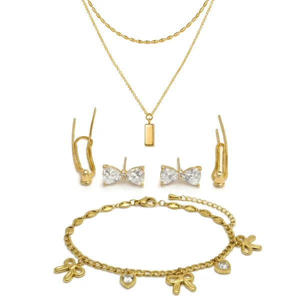Pendant Necklace, Bow Crystal Earrings & Charm Bracelet Set on white bg