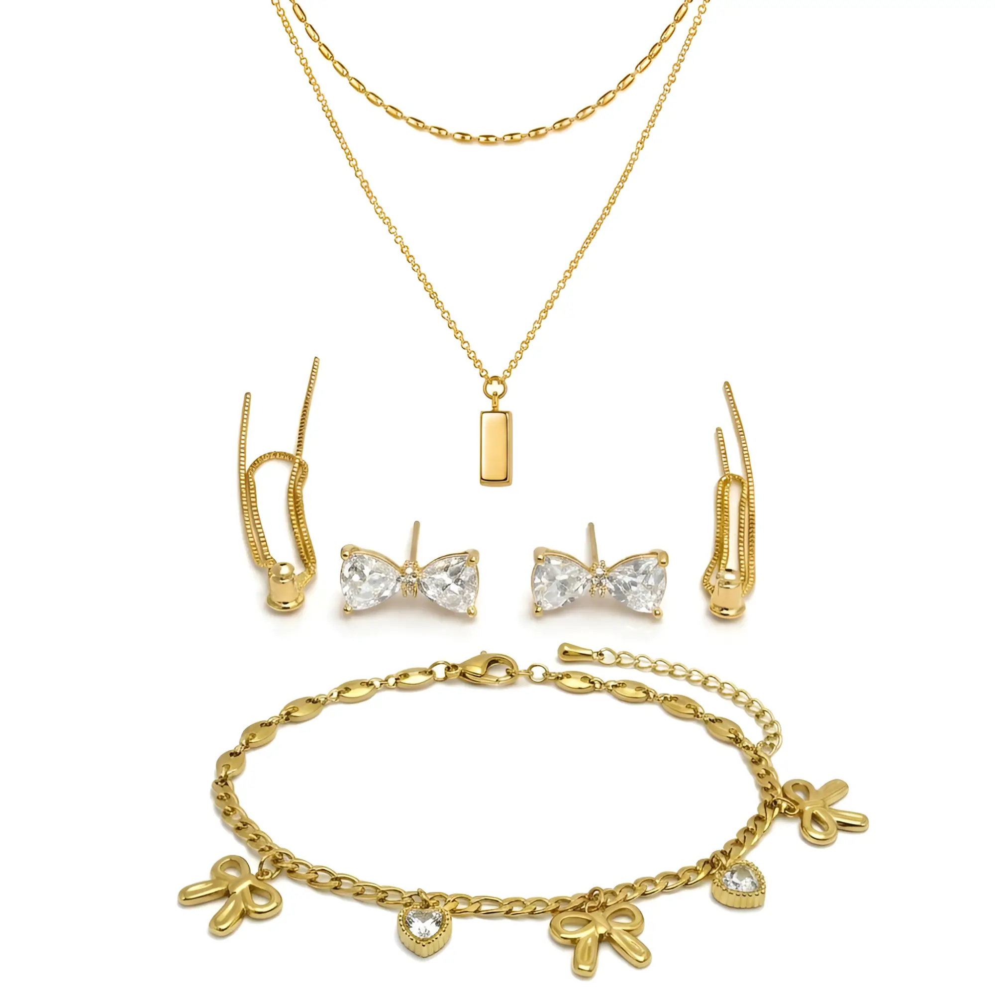 Pendant Necklace, Bow Crystal Earrings & Charm Bracelet Set on white bg