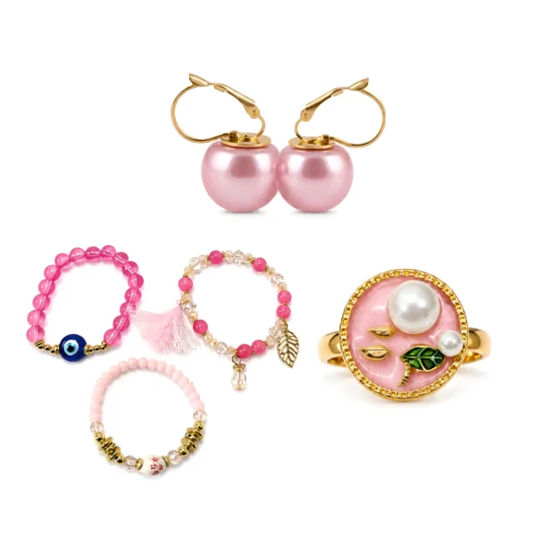 Pink Pearl & Evil Eye Jewellery Set – 6 Piece Gold-Plated Ring, Pink Pearl Drop Earrings & 3 Beaded Bracelet Stack with Tassel Leaf Charms