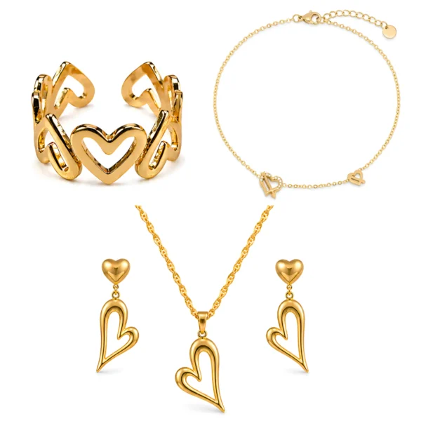 Romantic Heart Jewellery Bundle - Gold-Plated Cutout Heart Ring, Hollow Heart Necklace Earrings Set & Dainty Heart Charm Anklet Gift Set