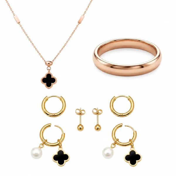 Rose Gold Clover Jewelry Combo Set for Women – Pendant Necklace, Minimal Ring & Elegant Earrings