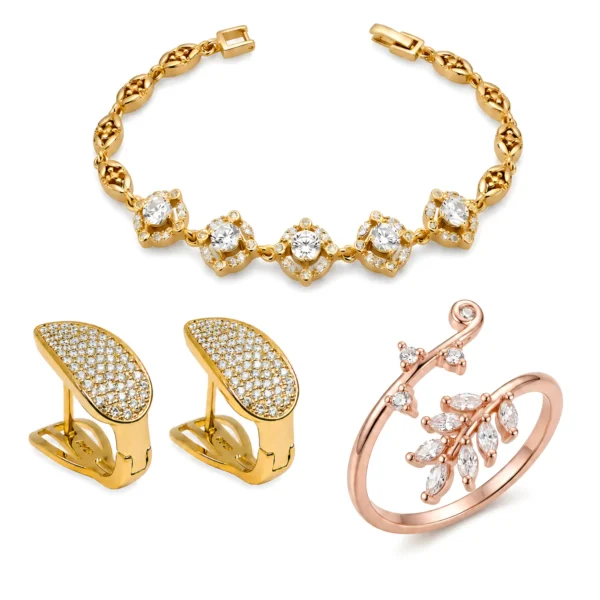 Rose Gold Crystal Jewellery Set – Vintage Style Halo Bracelet, Nature Leaf Ring & Curved Earrings Set on white bg