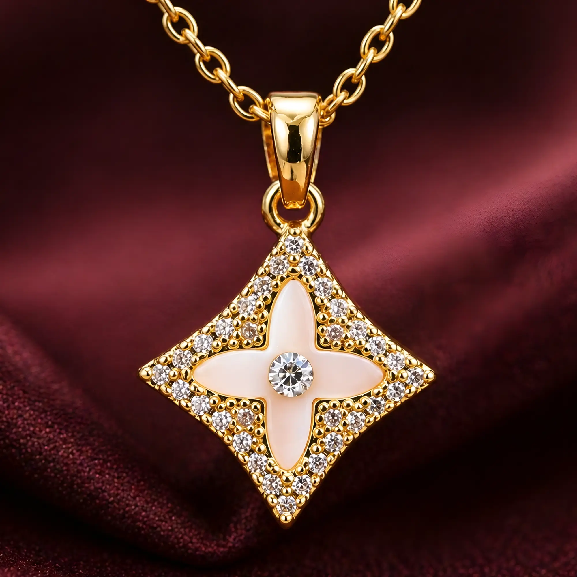 Stylish Gold Plated Floral Pendant Necklace for Women Crystal Studded Designer Chain Daily Wear Jewelry closeupshot
