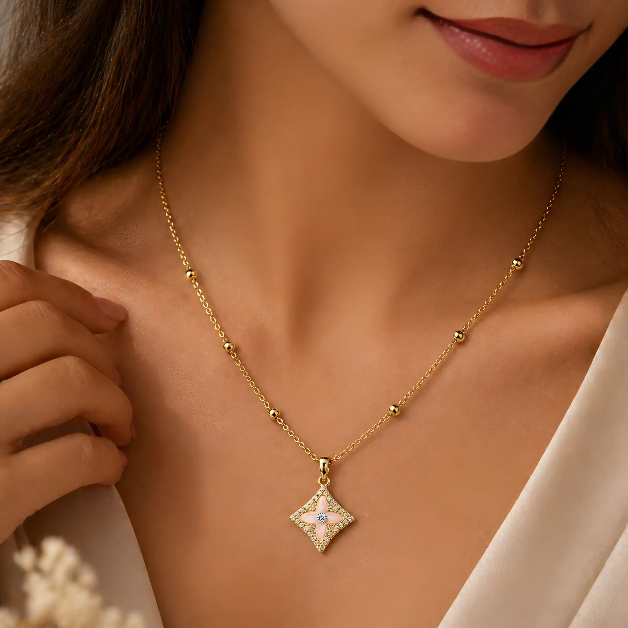 Stylish Gold Plated Floral Pendant Necklace for Women Crystal Studded Designer Chain Daily Wear Jewelry on model