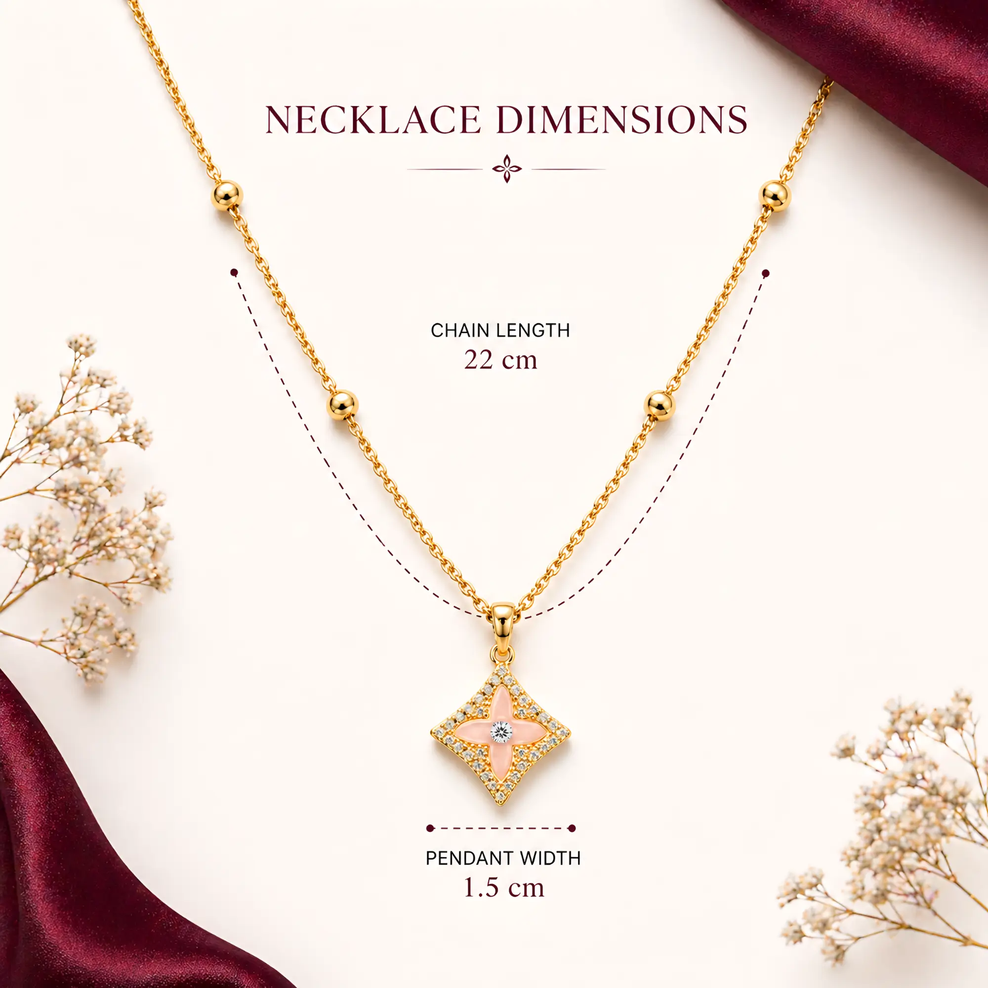 Stylish Gold Plated Floral Pendant Necklace for Women Crystal Studded Designer Chain Daily Wear Jewelry with measurement