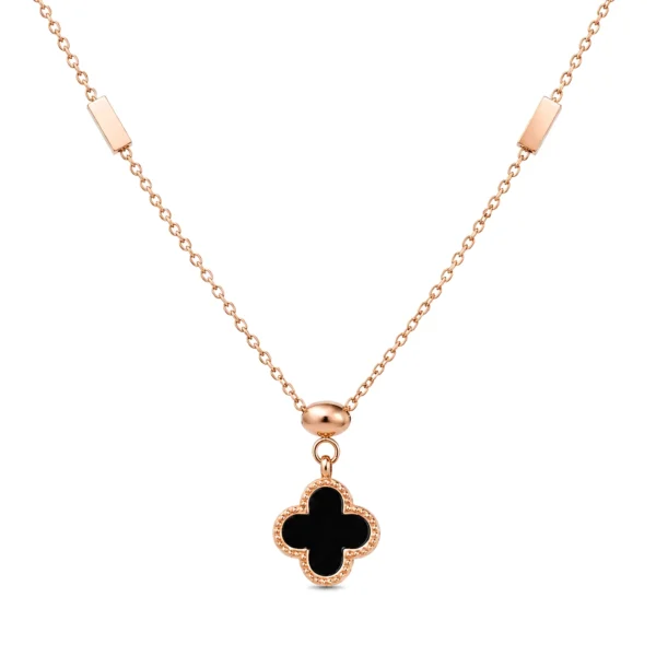 Stylish Rose Gold Plated Clover Pendant Necklace for Women Black Enamel Minimal Chain Daily Wear Elegant Jewelry