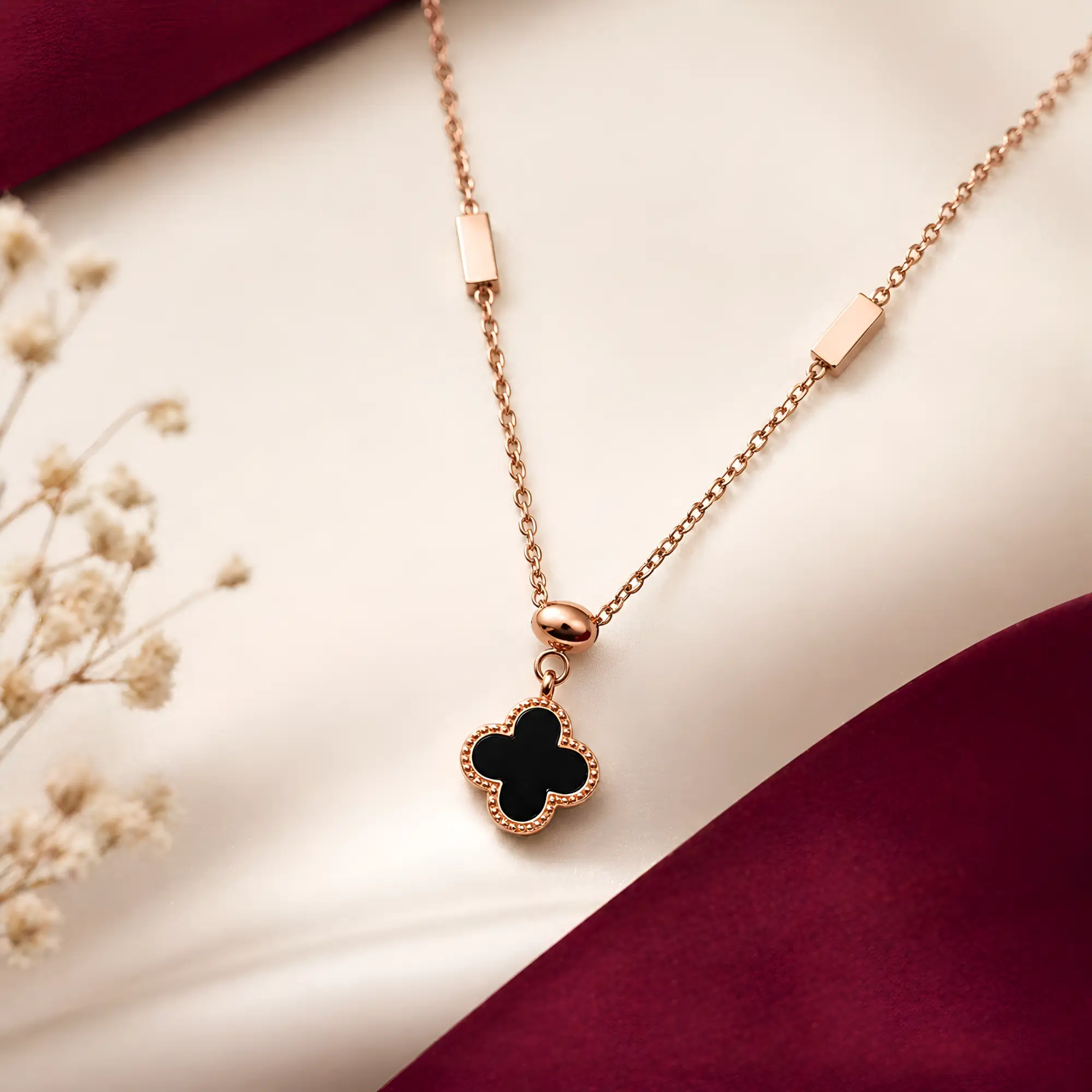 Stylish Rose Gold Plated Clover Pendant Necklace for Women Black Enamel Minimal Chain Daily Wear Elegant Jewelry with bg