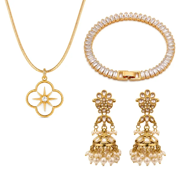 Wedding Jewellery Gift Set - Gold Pearl Jhumka Earrings, Rose Gold Tennis Bracelet & Crystal Flower Necklace 3-Piece Combo
