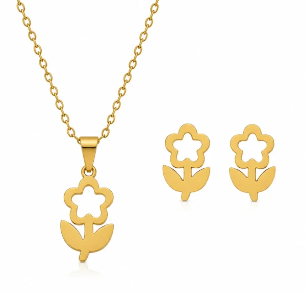 Minimal product image featuring a gold flower pendant necklace with matching flower earrings on a clean white background.