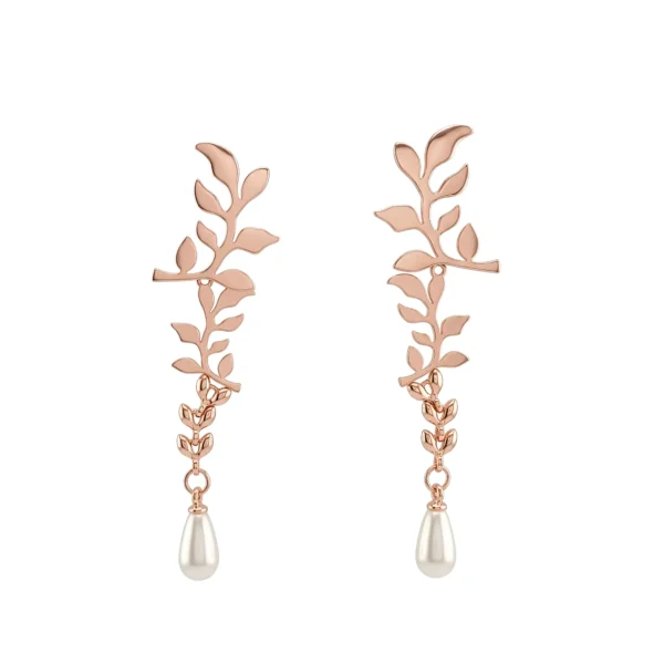 minimal-Leaf-Design-Earrings-Rose-Gold-Pearl-Drop-Earrings-for-women-and-girls-white-bg