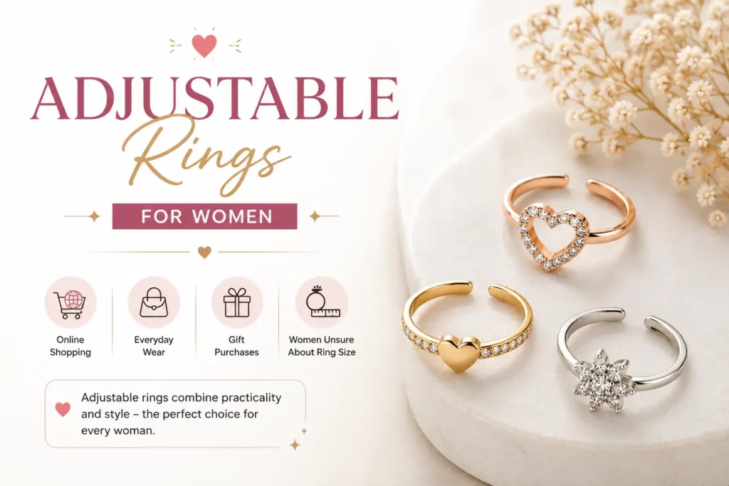 Adjustable rings for women with stylish open-band designs, ideal for online jewellery shopping, gifting, everyday wear and flexible ring sizing.