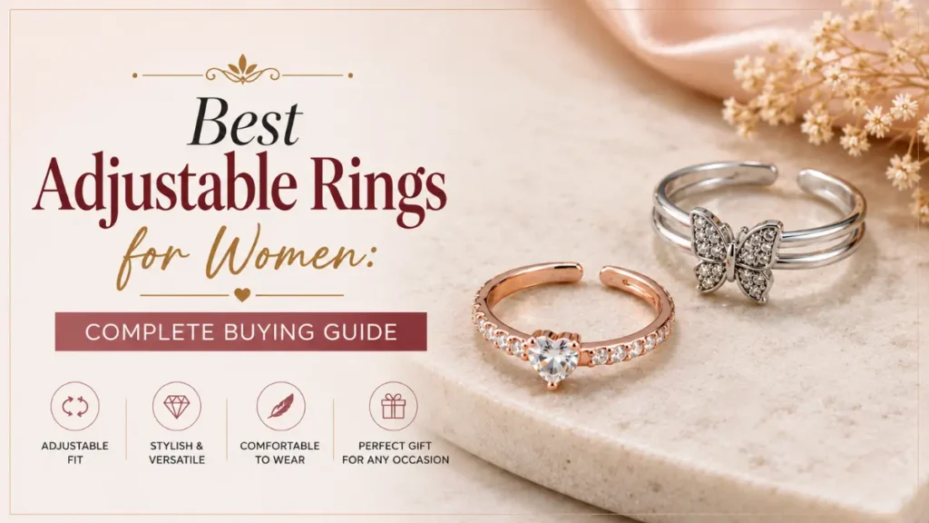 Best adjustable rings for women featuring elegant silver butterfly and rose gold heart adjustable rings on a marble surface, complete buying guide for choosing stylish and comfortable adjustable rings.