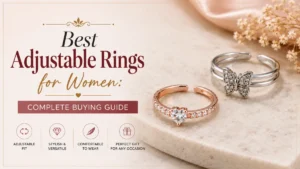 Best adjustable rings for women featuring elegant silver butterfly and rose gold heart adjustable rings on a marble surface, complete buying guide for choosing stylish and comfortable adjustable rings.