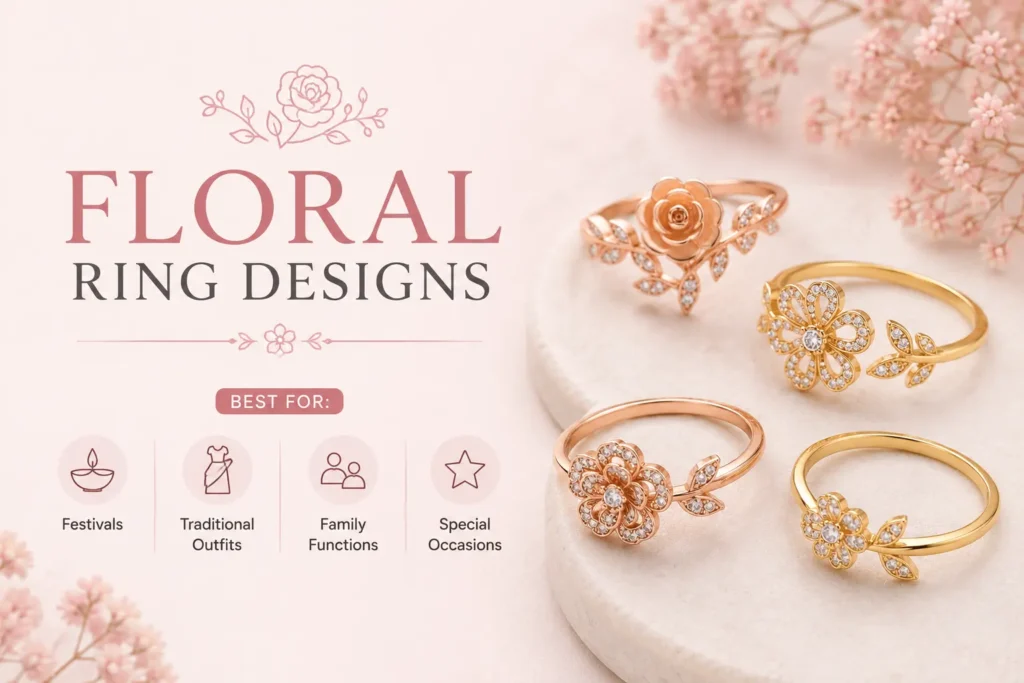 Floral rings for women featuring flower-inspired designs with sparkling stones, suitable for festivals, traditional outfits, family functions and special occasions.