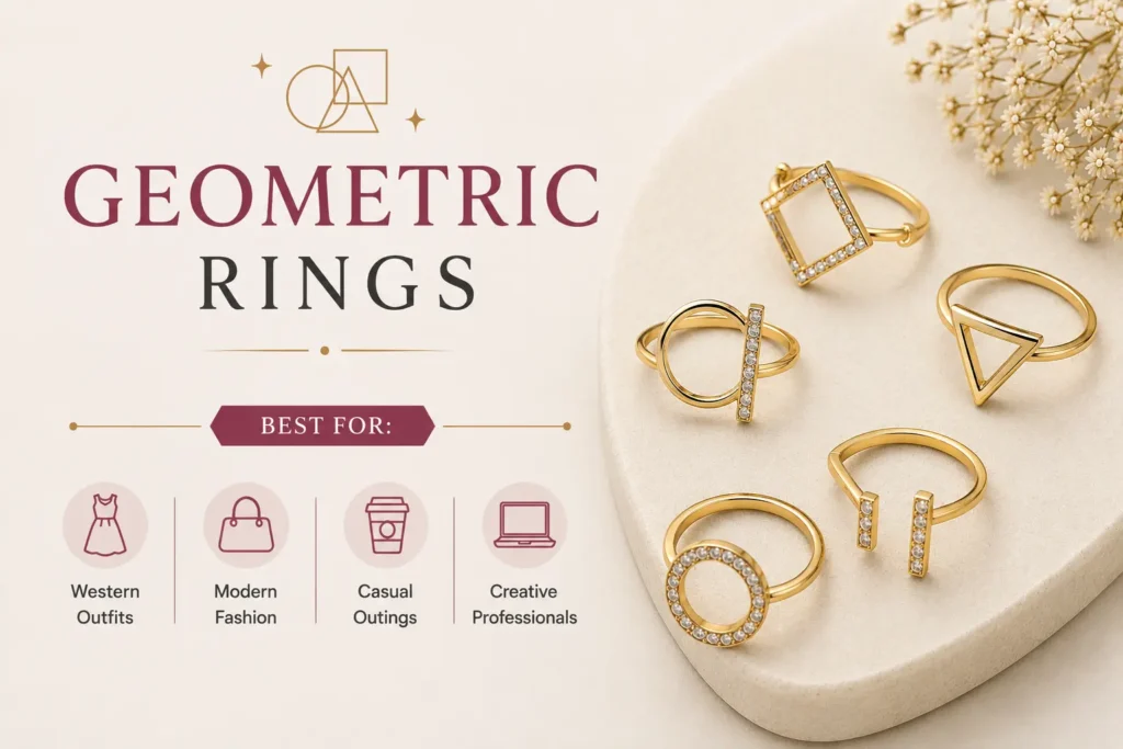Modern geometric rings for women with circle, square and triangle designs, ideal for western outfits, casual outings and contemporary fashion.