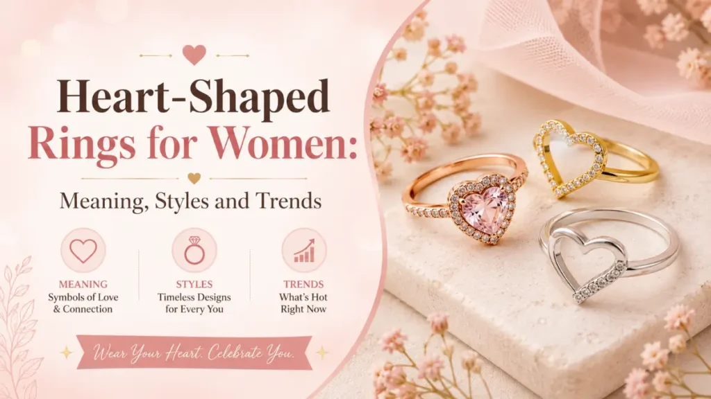 Featured image for the blog "Heart-Shaped Rings for Women: Meaning, Styles and Trends" showcasing elegant heart-shaped rings in gold, rose gold, and silver with crystal accents, highlighting the symbolism, popular styles, and latest jewellery trends for women.
