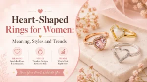 Featured image for the blog "Heart-Shaped Rings for Women: Meaning, Styles and Trends" showcasing elegant heart-shaped rings in gold, rose gold, and silver with crystal accents, highlighting the symbolism, popular styles, and latest jewellery trends for women.