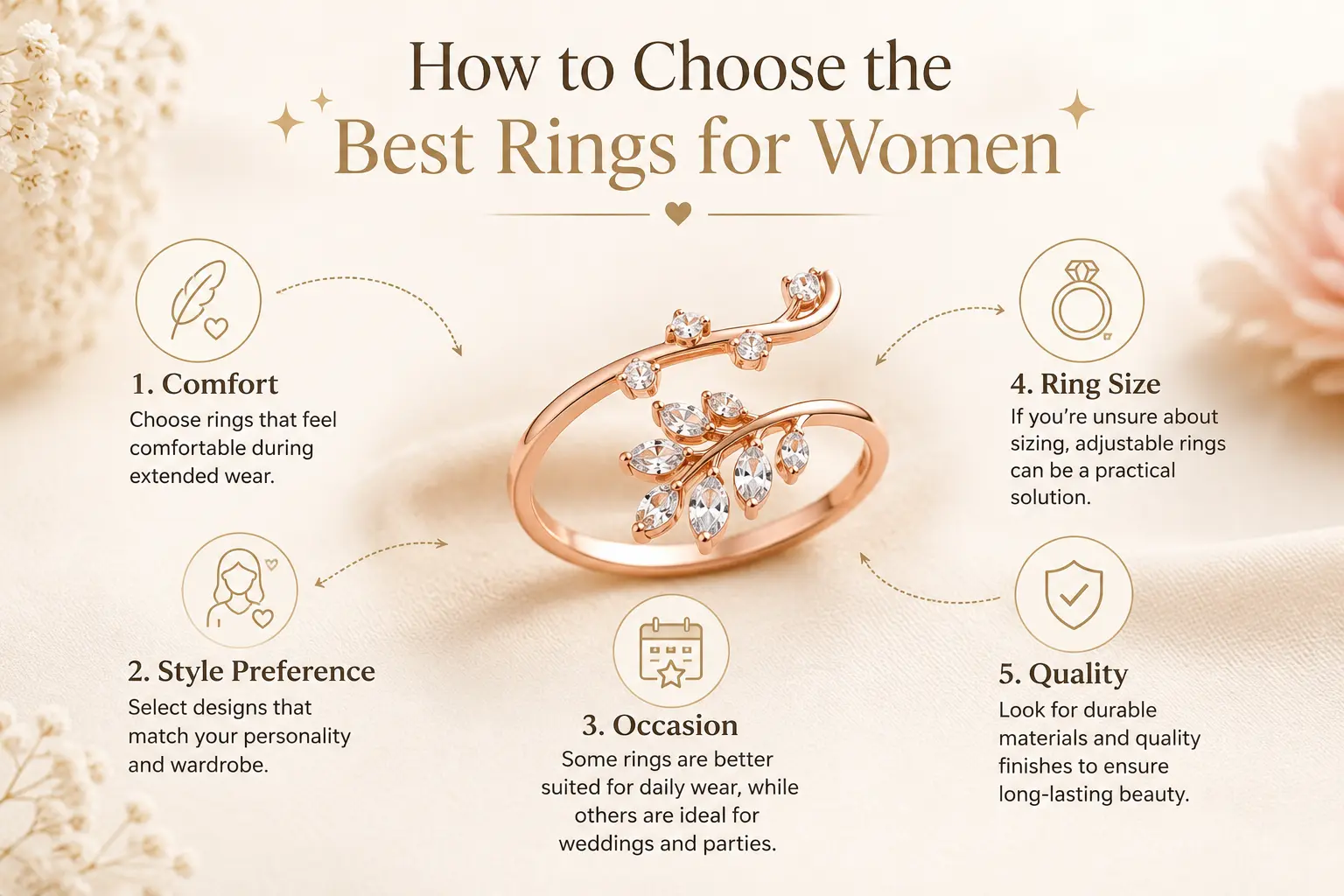 Infographic explaining how to choose the best rings for women based on comfort, style preference, occasion, ring size, and quality.