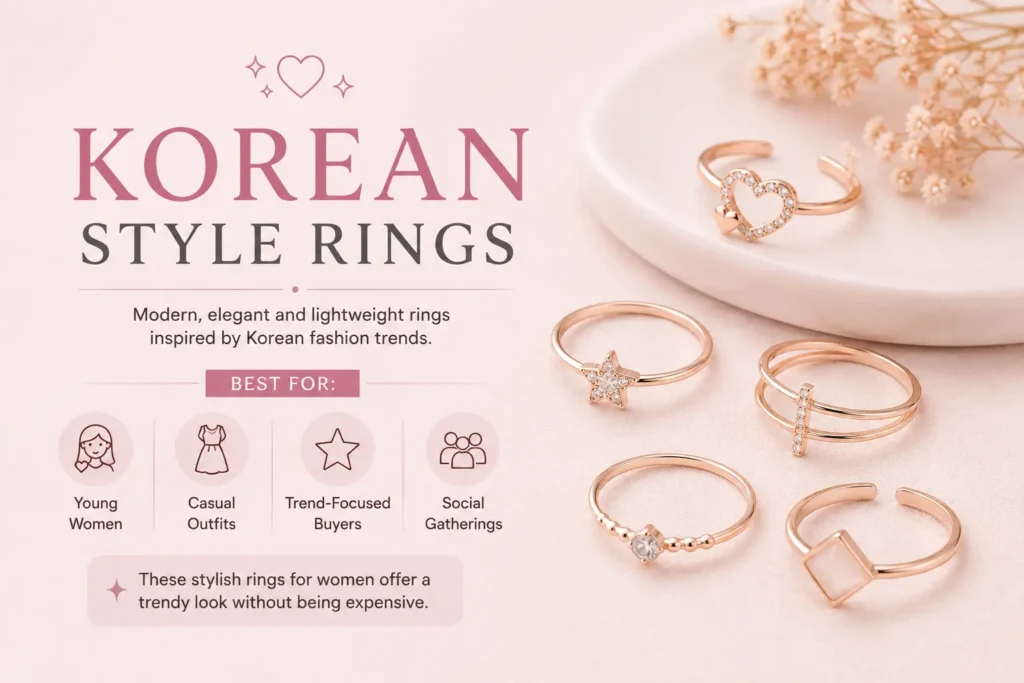 Korean style rings for women featuring modern, lightweight and trendy designs inspired by Korean fashion, ideal for casual outfits and social gatherings.