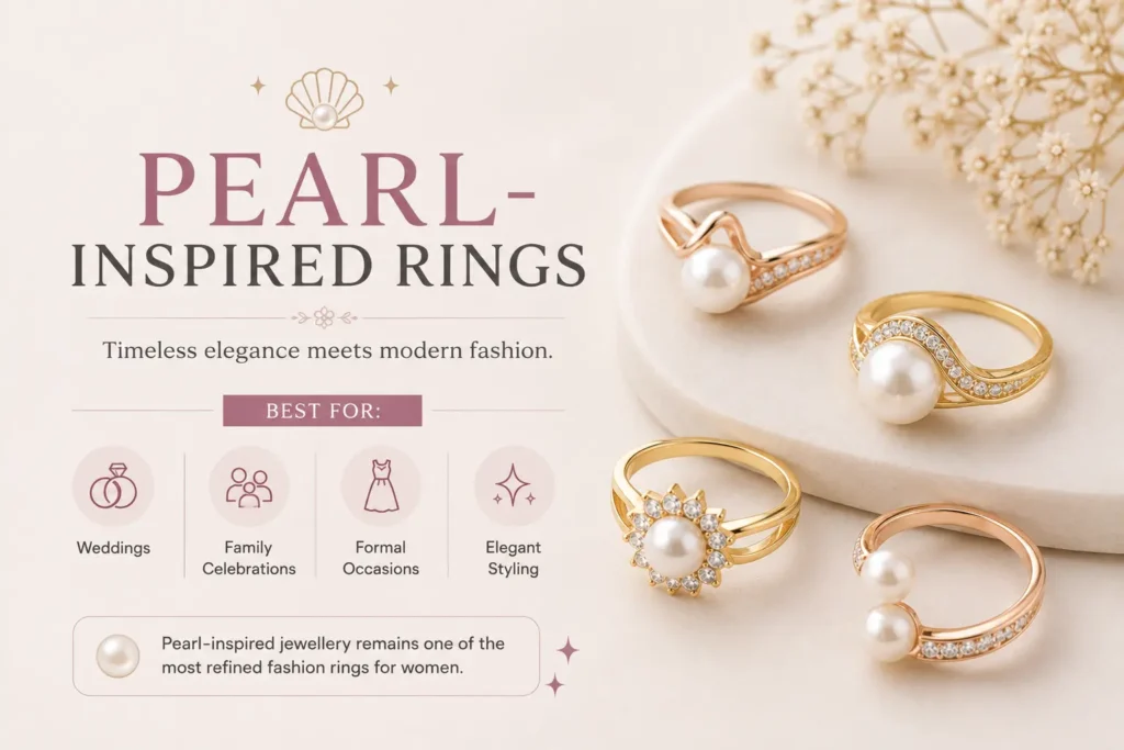 Pearl-inspired rings for women with timeless and elegant designs, ideal for weddings, formal occasions, family celebrations and sophisticated styling.
