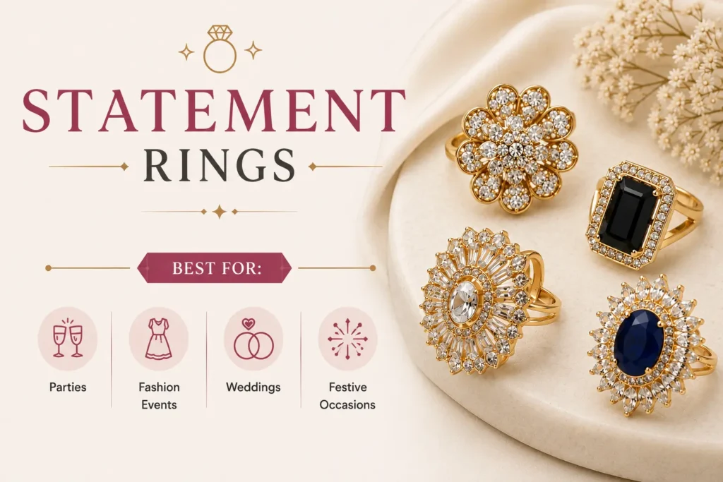 Statement rings for women featuring floral, gemstone and designer styles, perfect for parties, weddings, festive occasions and fashion events.
