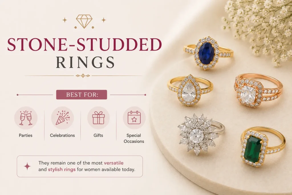Elegant stone-studded rings for women featuring crystal and gemstone designs, suitable for parties, celebrations, gifts and special occasions.