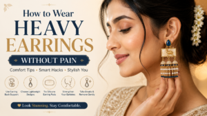 Woman wearing heavy statement earrings with tips on how to wear heavy earrings without pain